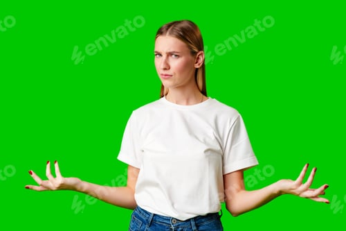 Preview: Young Woman Holding Out Hands against green background
