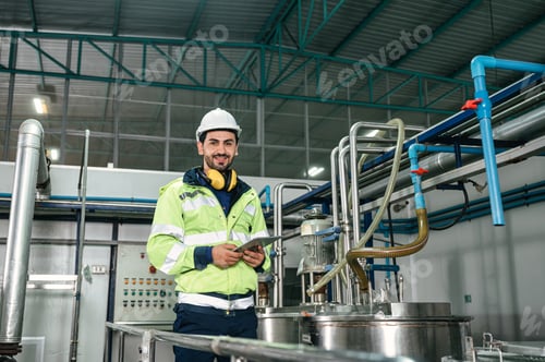 Preview: Caucasian technician engineer man in uniform with tablet checking and control boiler tanks