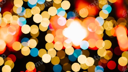 Preview: Abstract multicolored bokeh lights, defocus festive confetti background.