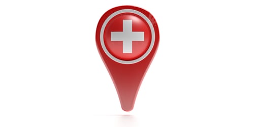 Preview: Cross icon on a red color map pointer isolated against white background. 3d illustration