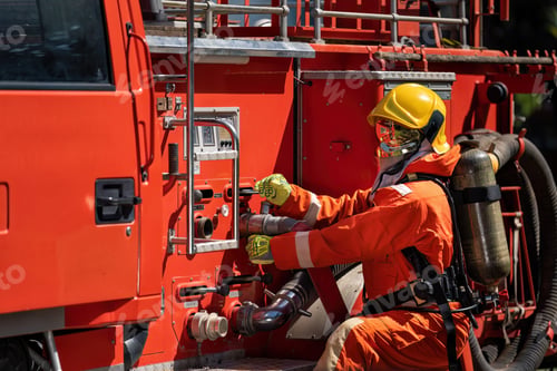 Preview: Firefighter wearing fire protection suite and oxygen tank exercise roll hose connect with fire truck