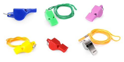 Preview: Different colourful whistles with cords isolated on white, set
