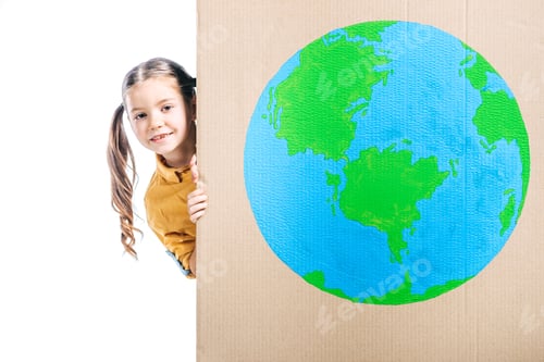Preview: cute kid holding cardboard placard with globe sign isolated on white, earth day concept