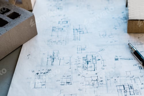 Preview: Architect desk with handdrawing sketches, pencil and brick blocks