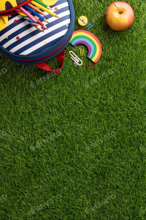 Preview: Backpack with school supplies on vertical green grass
