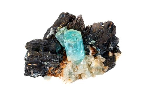 Preview: Aquamarine mineral stone and black tourmaline, Schorl on a white background