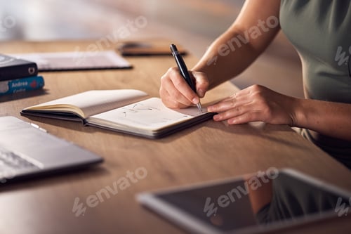 Preview: Business woman, hands or notebook writing in night office for company planning, schedule or ideas m