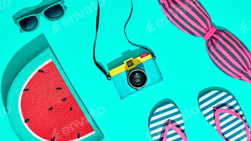 Preview: Fashion Summer Hipster Accessories minimal. Woman clothes collection falling on vivid background. Tr