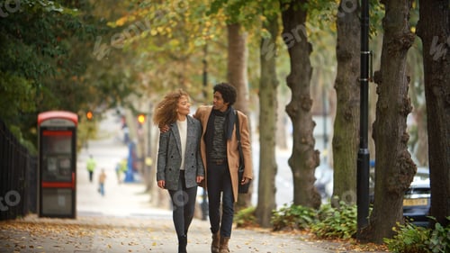 Preview: Loving Young Couple Talking As They Wall Along Autumn City Street