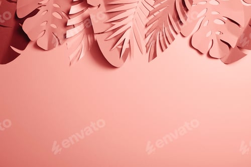 Preview: top view of exotic paper cut palm leaves on pink background
