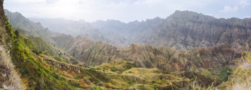 Preview: Looking point down over a vertiginous ridge. Rocky banks covered in ferns, mosses and agave bushes