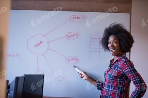 Preview: African American woman writing on a chalkboard in a modern offic