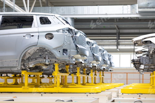 Preview: Photo of automobile production line. Welding car body. Modern car assembly plant. Auto industry