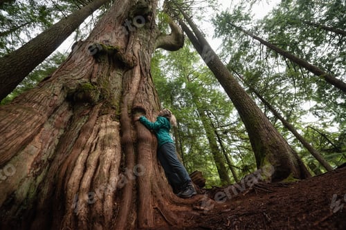 Preview: Adventurous Caucasian Girl standing by the Big Cedar Tree in the forest