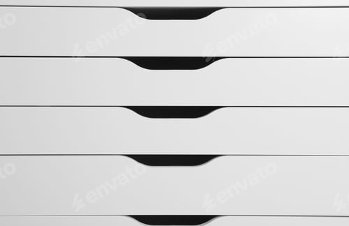 Preview: White chest of drawers as background, closeup. Furniture for wardrobe room