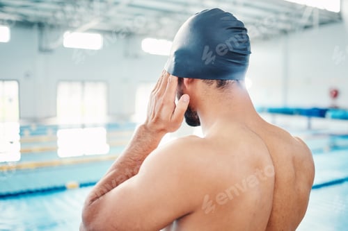 Preview: Man, ready or swimmer hands with pool cap or gear and sports vision, body power or mindset in water