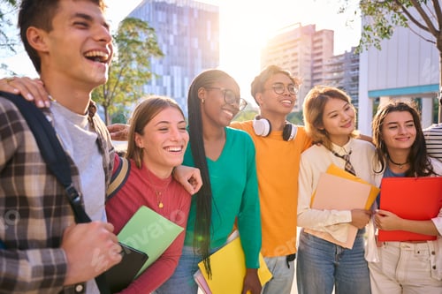 Preview: Happy young multiracial university students posing together taking a photo