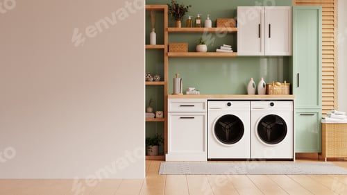 Preview: Modern laundry room with sage green accents and wooden shelving- 3D rendering