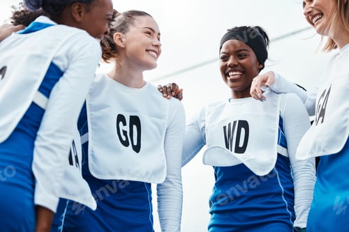 Preview: Netball, sports women or happy group with team building, funny conversation and support for trainin