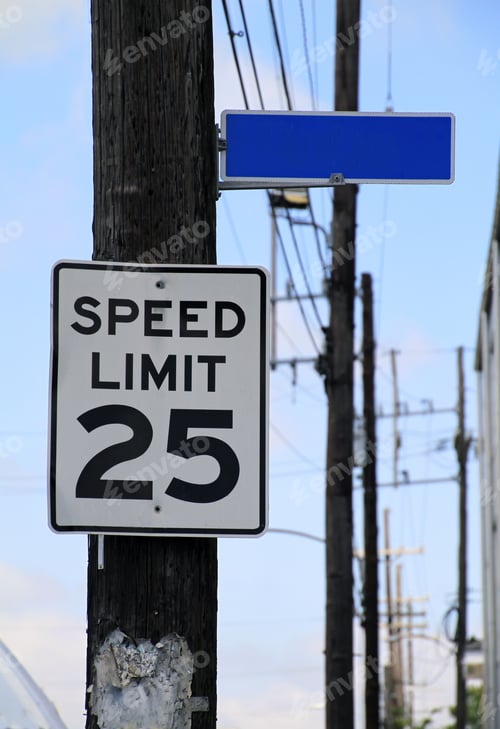Preview: Vertical shot of a speed limit sign on a wooden tree