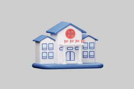 Visualização: Escola de desenhos animados com relógio e bandeiras