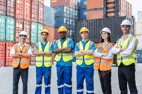 Preview: Portrait group of attractive worker people work in container terminal.