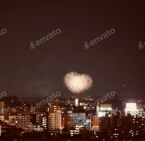 Preview: Heart shaped fireworks above Tokyo night skyline