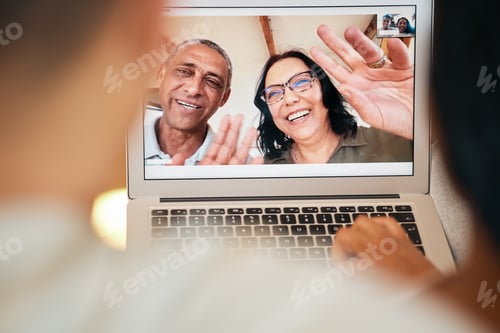 Preview: Video call, laptop screen and wave with face of family for communication, contact or connection. Ha