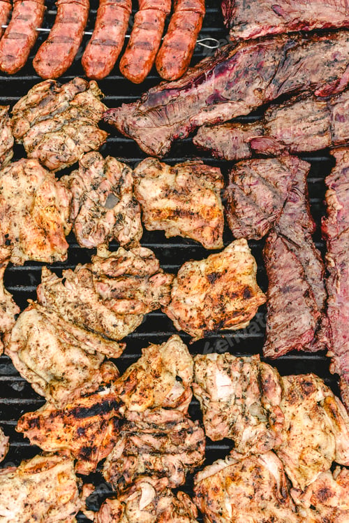 Preview: Sausage, pork and chicken roasted on a barbecue, seen from above.