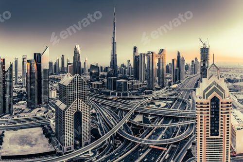 Preview: Burj Khalifa in Dubai downtown skyscrapers highrise architecture at sunset