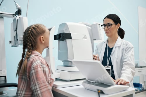 Preview: Female Optometrist Examining Vision of Young Girl in Clinic