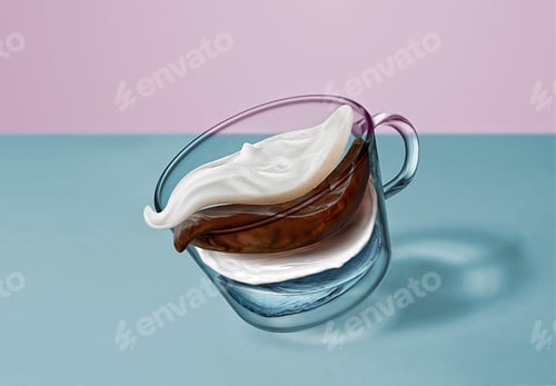 Preview: Separate flying layers of coffee, milk, water, milk foam in the coffee drink in a transparent cup on