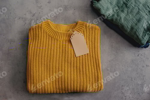 Preview: Yellow Sweater with Label on Gray Background