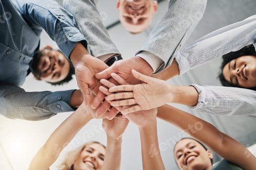 Preview: Team building, hands or happy business people with support, mission or goals for success in office