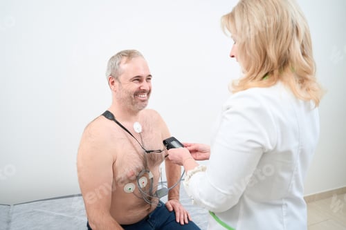 Preview: Doctor using holter monitor device and daily blood pressure recorder