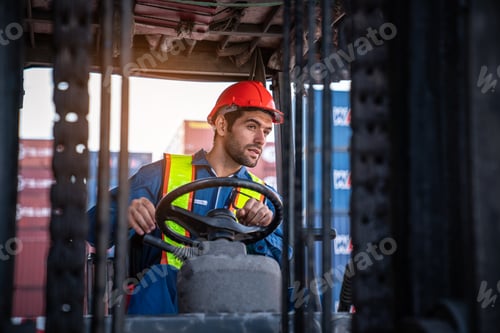 Preview: Container yard worker in uniform and helmet driving and operating.