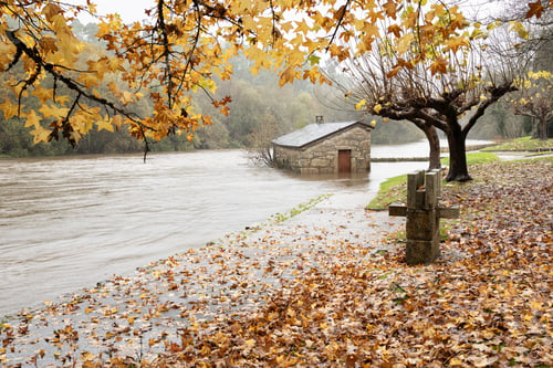 Preview: Scene of a overflown river engulfing a old stone watermill during a rainy autumn day