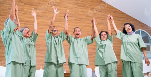 Preview: Asian senior men and women raise their hands up and express of happiness together