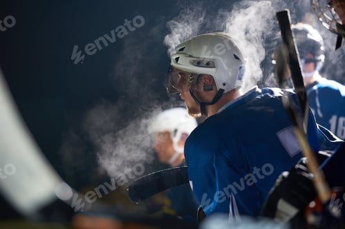 Preview: Ice Hockey Players, Group Of People, Team Friends Waiting And Relaxing On Bench To Start Game