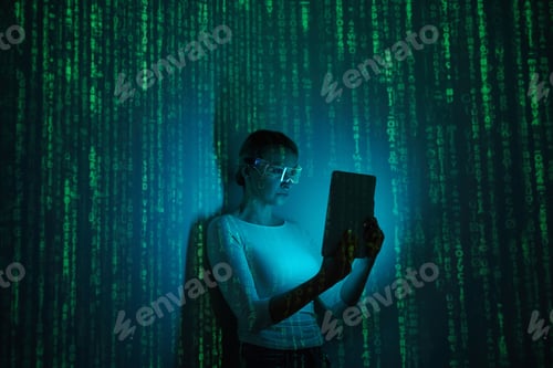 Preview: Confident woman in futuristic glasses using digital tablet