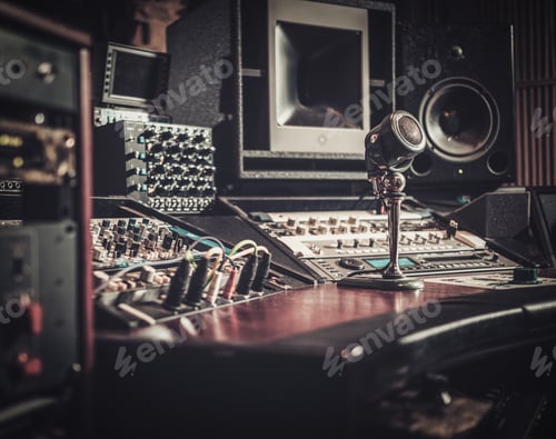 Preview: Close-up of boutique recording studio control desk.