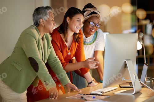 Preview: Collaboration, business and a female leader with her team, working on a computer in the office at n