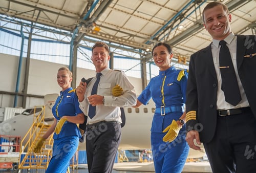 Preview: Happy friendly cabin crew members walking in the airport