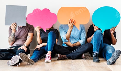 Preview: Group of diverse people with speech bubbles icons