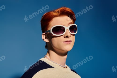 Preview: Emotional young man with red hair wearing stylish sunglasses against a blue background