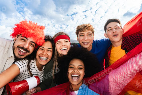 Preview: Happy diverse friends selfie with megaphone cheering and smiling at camera outdoors