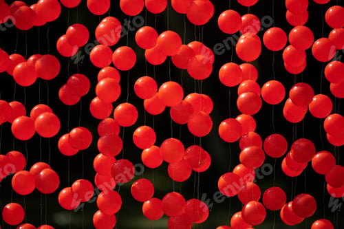Preview: Red balls suspended on wire, outdoor art object symbolizing blood cells and human health