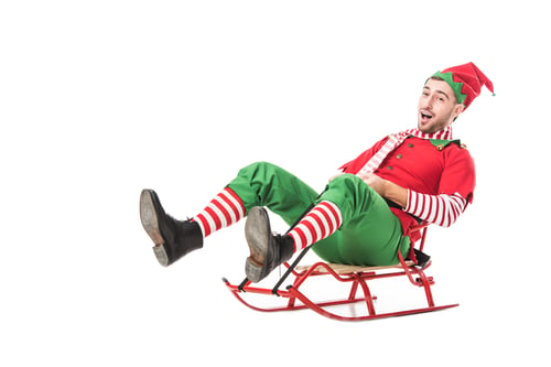 Preview: cheerful excited man in christmas elf costume riding sleigh isolated on white background