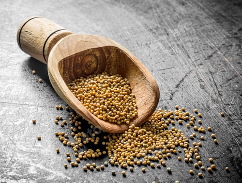 Preview: Mustard in a wooden scoop.