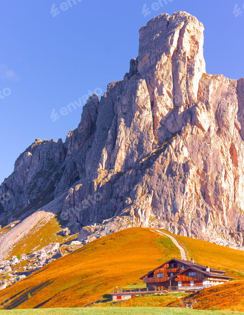 Preview: Vertical shot of the alpine lodge at Forcella Giau, Italy